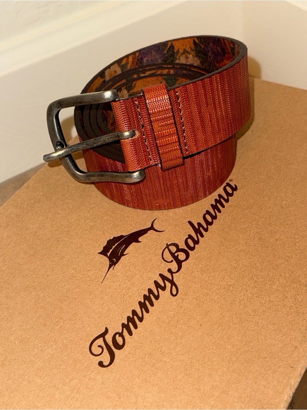 Tommy Bahama Men's Whisky Brown Woven Leather-Trim Belt Sz 38